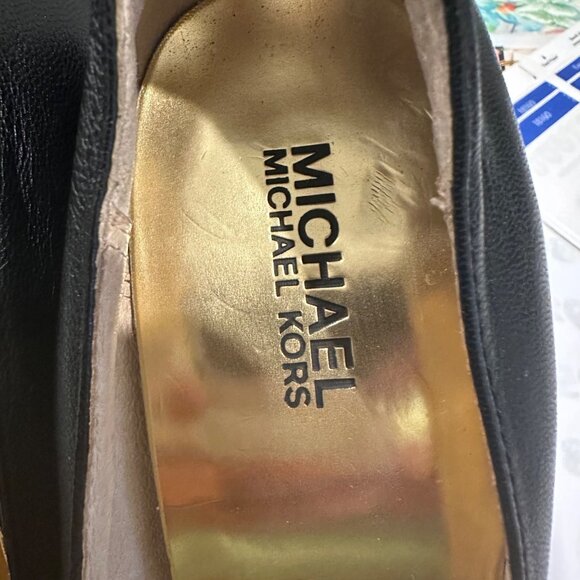 Michael Kors Peep Toe Black Leather Heels Gold Accent 9M Womens Shoes - Picture 5 of 10
